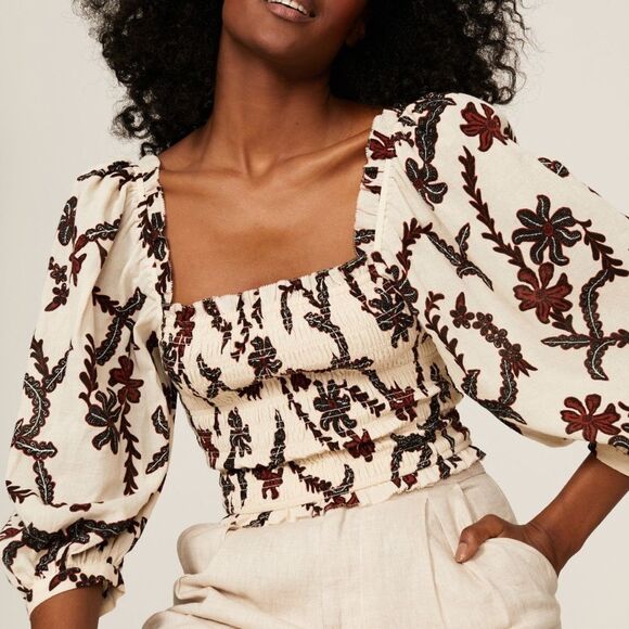 Joie Benison Smocked Square Neck Puff Sleeve Top-Women Sz S - Picture 4 of 9